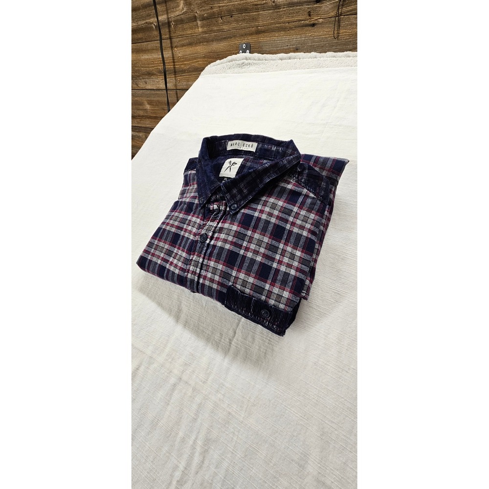 Marc Ecko Cut & Sew Mens XL Plaid Button Down Shirt Corduroy Trim Elbow Patches